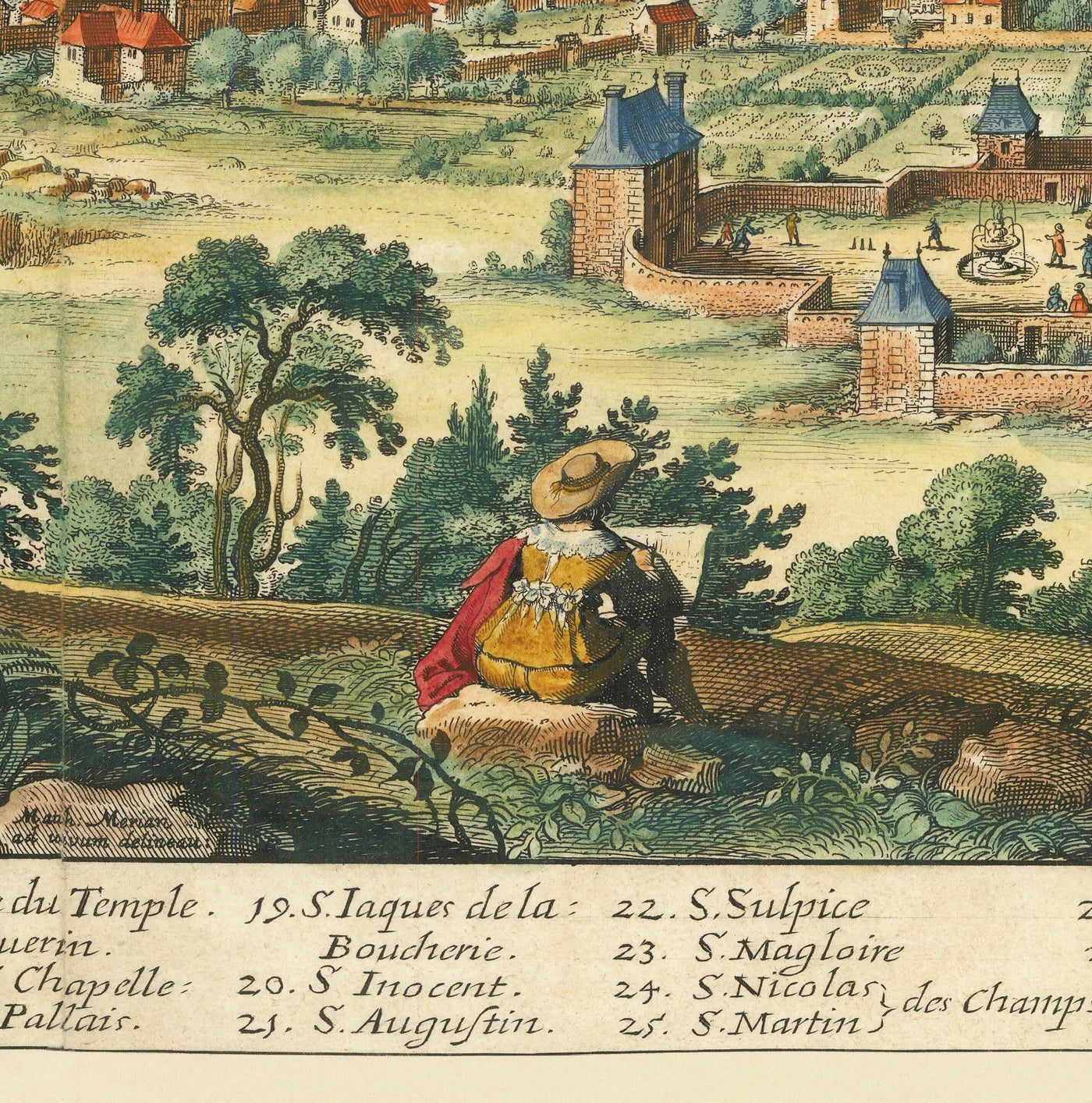 Mapa antiguo raro de París, Francia de Matthaus Merian en 1648 - Notre Dame, Sainte-Chapelle, Hospital St Louis, Bastilla