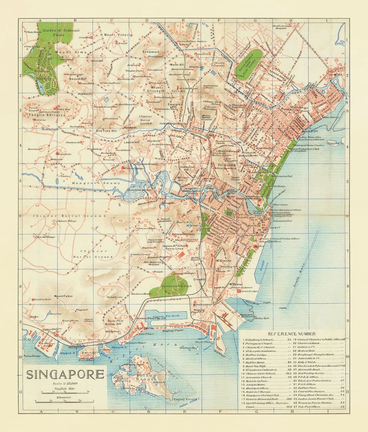 Rare ancienne carte de Singapour, 1917 - Colonie d'empire britannique, Pulau Ujong, Jardins botaniques, Marina, Bay