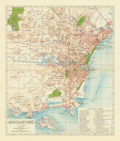 Rare ancienne carte de Singapour, 1917 - Colonie d'empire britannique, Pulau Ujong, Jardins botaniques, Marina, Bay