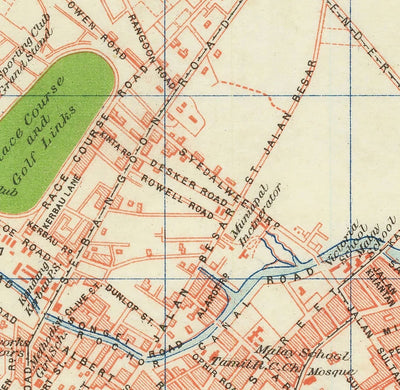 Rare ancienne carte de Singapour, 1917 - Colonie d'empire britannique, Pulau Ujong, Jardins botaniques, Marina, Bay
