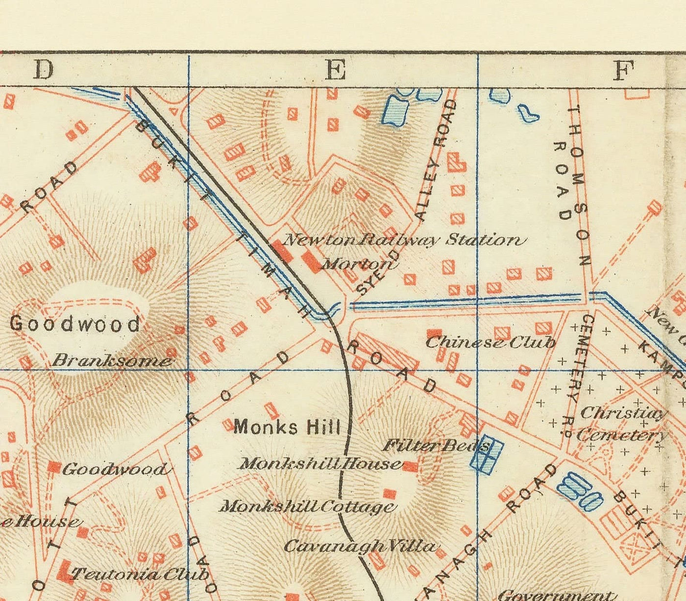 Rare ancienne carte de Singapour, 1917 - Colonie d'empire britannique, Pulau Ujong, Jardins botaniques, Marina, Bay