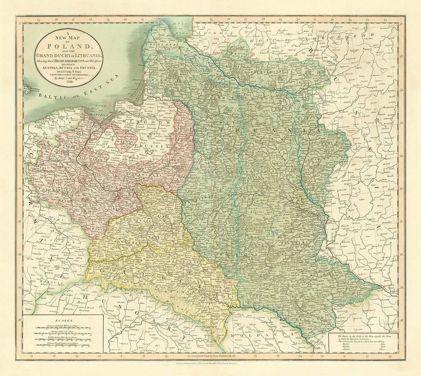 Old Map of Poland by John Cary, 1799 - Partitions of Polish-Lithuanian Commonwealth - Austria, Russia, Prussia