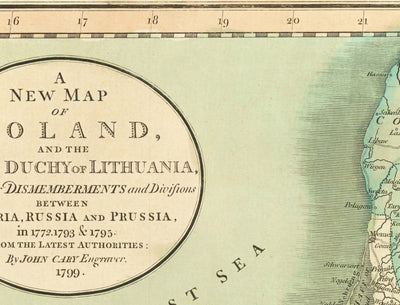 Old Map of Poland by John Cary, 1799 - Partitions of Polish-Lithuanian Commonwealth - Austria, Russia, Prussia