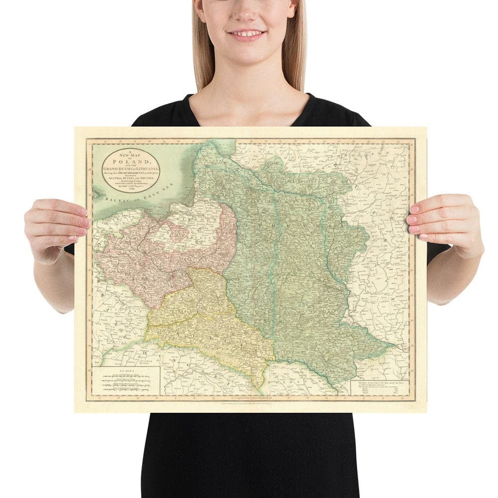 Old Map of Poland by John Cary, 1799 - Partitions of Polish-Lithuanian Commonwealth - Austria, Russia, Prussia