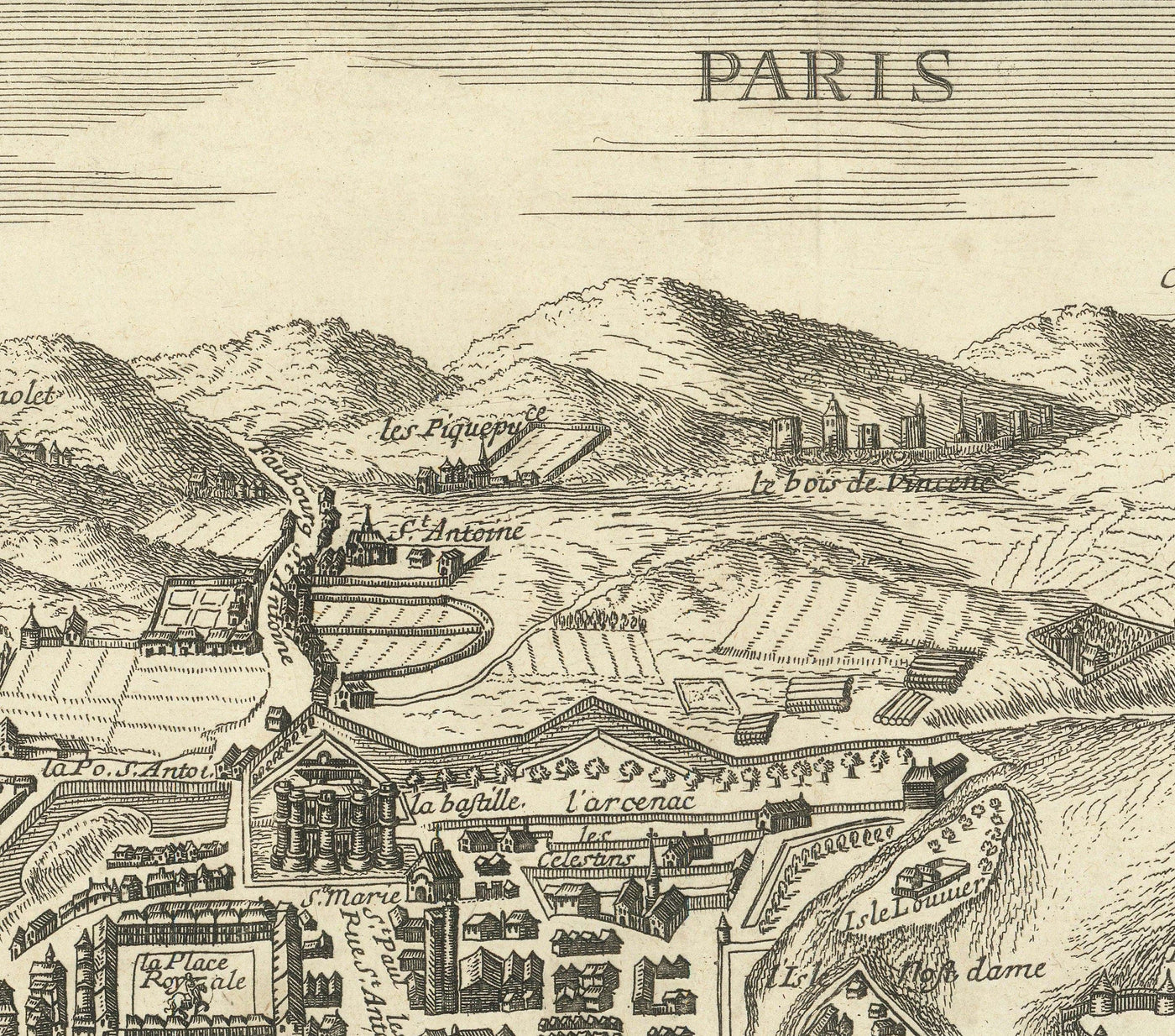 Ancienne carte de Paris, France de Jean Sauve en 1670 - Notre Dame, Sainte-Chapelle, Île de la Cité, Bastille