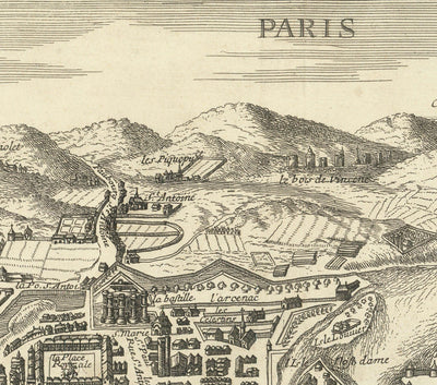 Ancienne carte de Paris, France de Jean Sauve en 1670 - Notre Dame, Sainte-Chapelle, Île de la Cité, Bastille