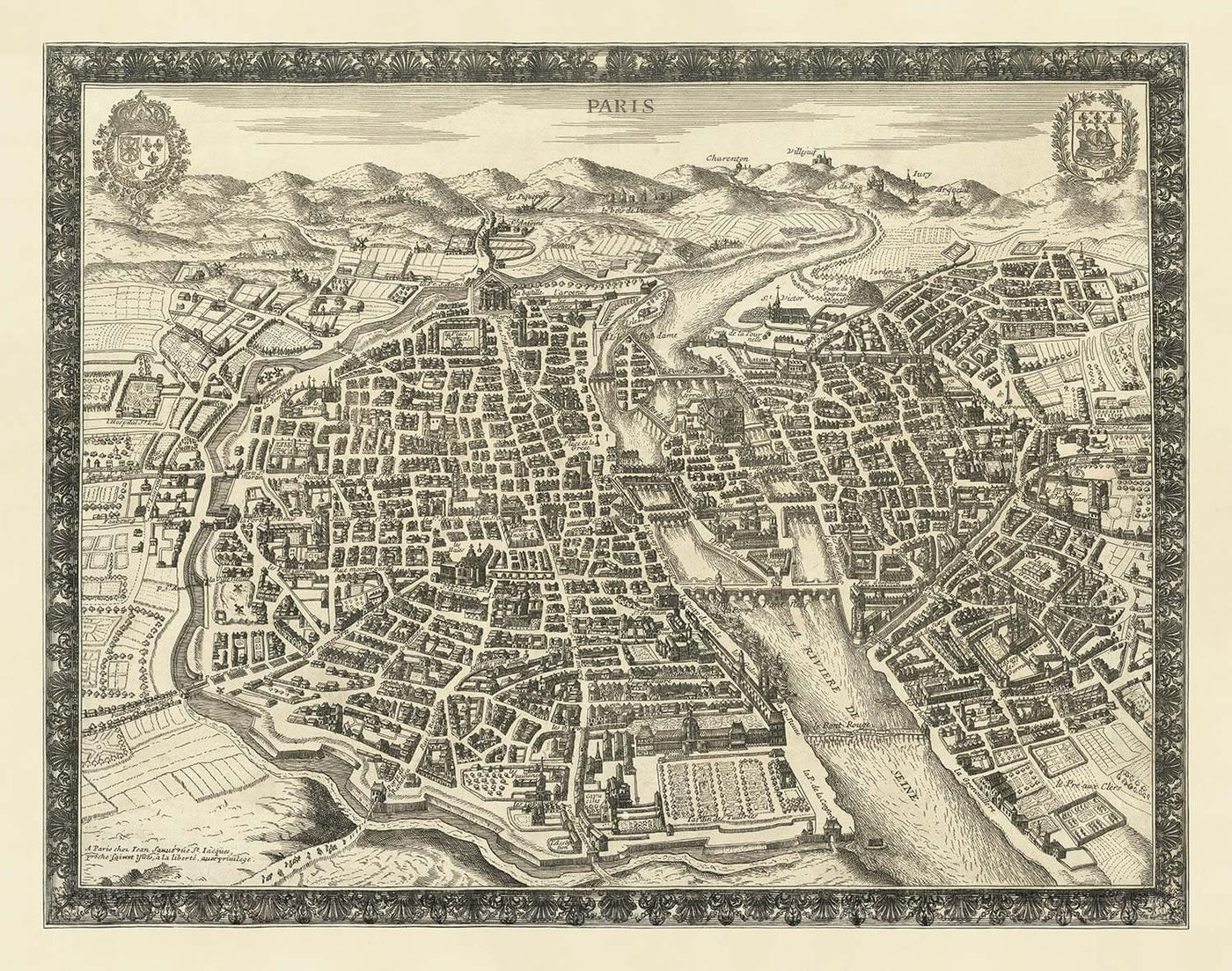 Ancienne carte de Paris, France de Jean Sauve en 1670 - Notre Dame, Sainte-Chapelle, Île de la Cité, Bastille