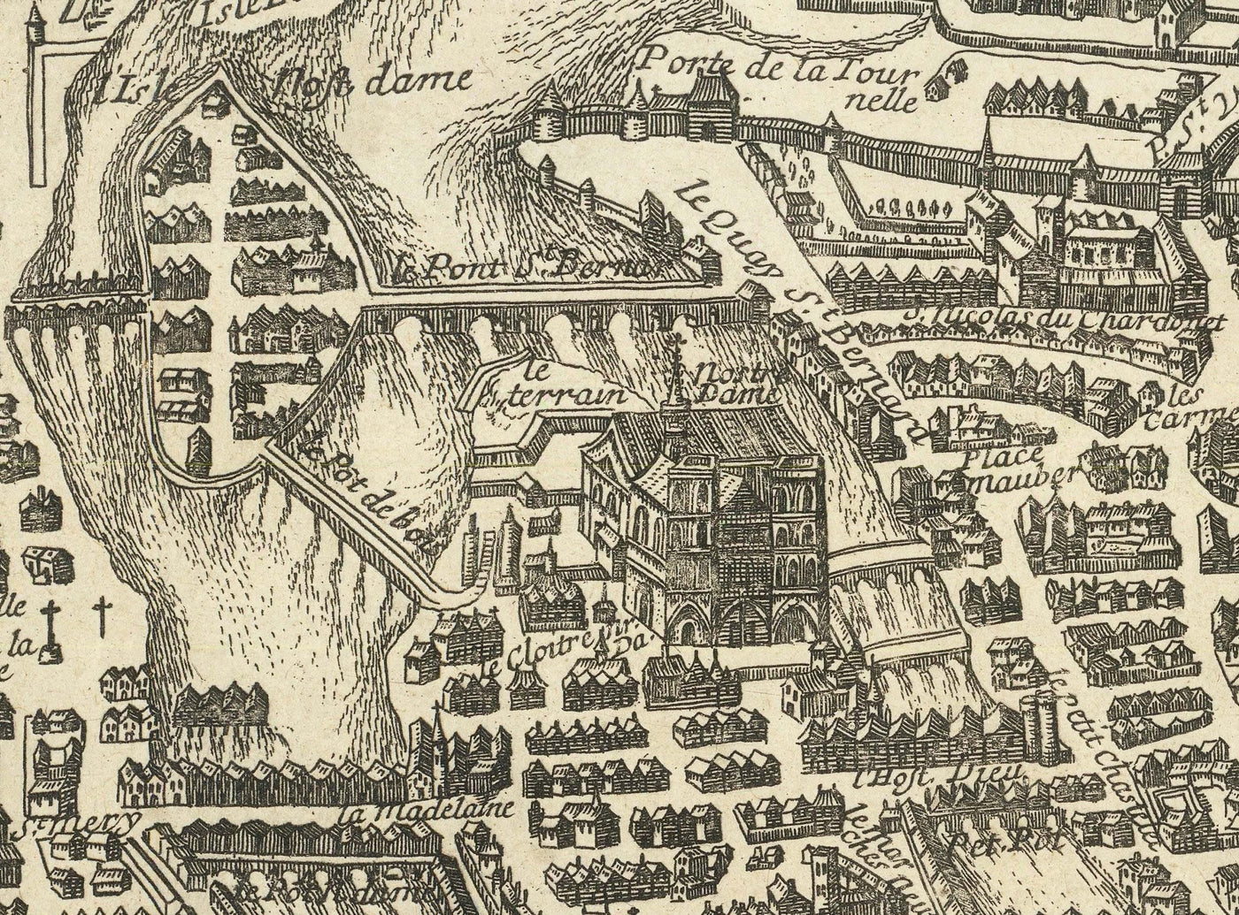Ancienne carte de Paris, France de Jean Sauve en 1670 - Notre Dame, Sainte-Chapelle, Île de la Cité, Bastille