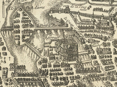 Ancienne carte de Paris, France de Jean Sauve en 1670 - Notre Dame, Sainte-Chapelle, Île de la Cité, Bastille