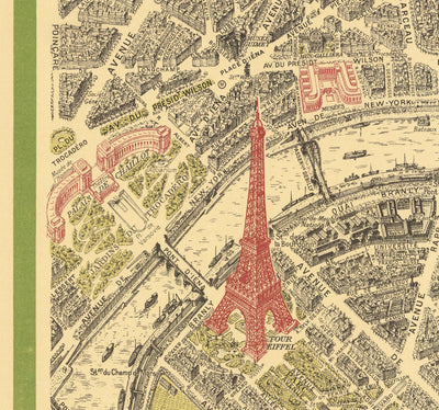 Rare Old Map of Paris, France by Georges Peltier, 1950 - Louvre, Notre Dame, Sainte-Chapelle, Eiffel Tower