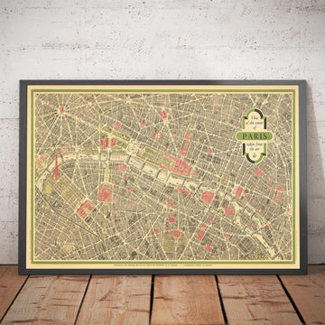 Mappa antica rara di Parigi, Francia di Georges Peltier, 1950 - Louvre, Notre Dame, Sainte-Chapelle, Torre Eiffel 