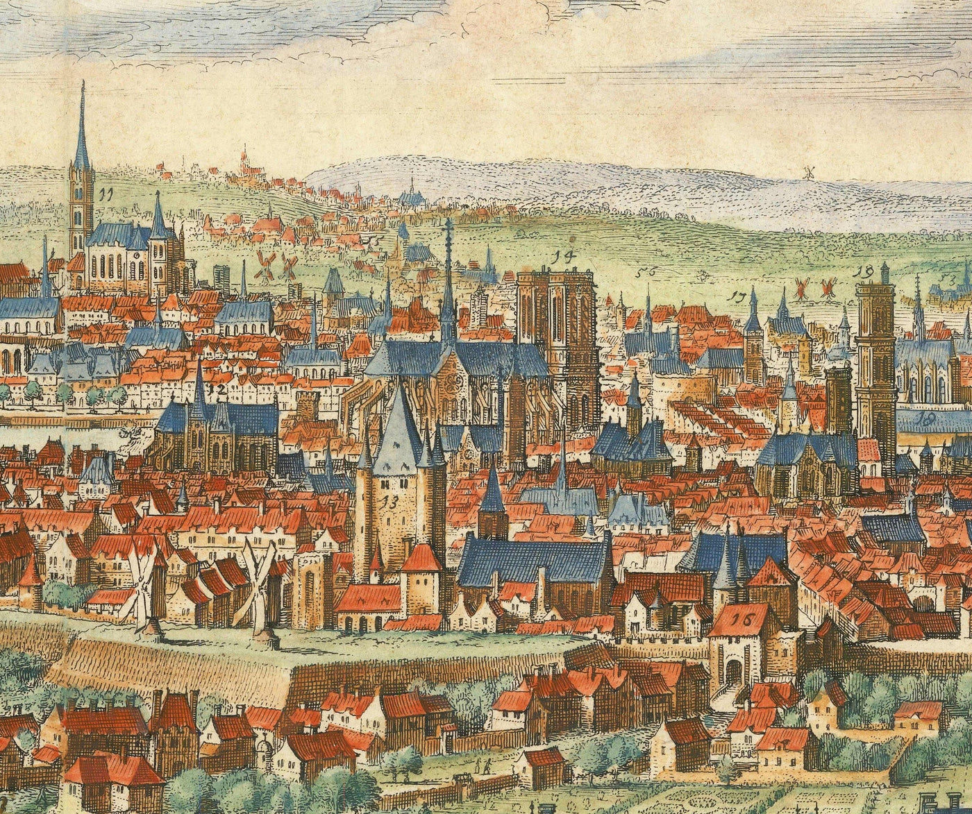 Mapa antiguo raro de París, Francia de Matthaus Merian en 1648 - Notre Dame, Sainte-Chapelle, Hospital St Louis, Bastilla