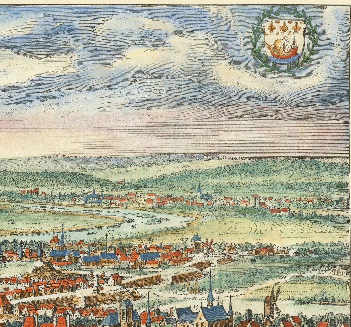 Mapa antiguo raro de París, Francia de Matthaus Merian en 1648 - Notre Dame, Sainte-Chapelle, Hospital St Louis, Bastilla