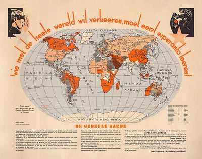 Alte Esperanto-Weltkarte, 1930 - Internationaler Hilfssprachen-Atlas - Esperantujo, Esperantisten 