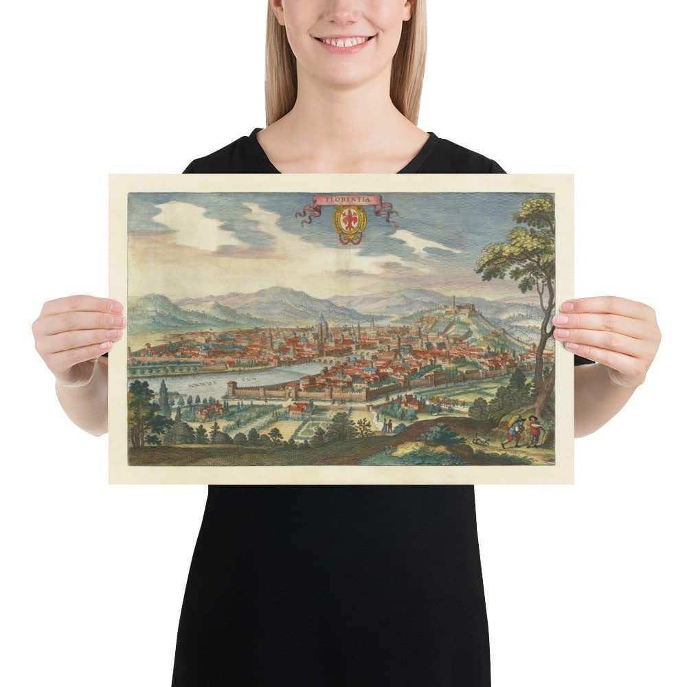 Ancienne carte à vol d'oiseau de Florence, Italie, 1640 par Matthaus Merian - Firenze, Duomo, Arno River, Ponte Vecchio, Uffizi