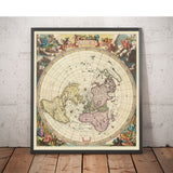 Ancienne carte du monde de la Terre plate, 1696 par Jacob Harrewyn - Île de Californie, chérubins - Projection polaire azimutale