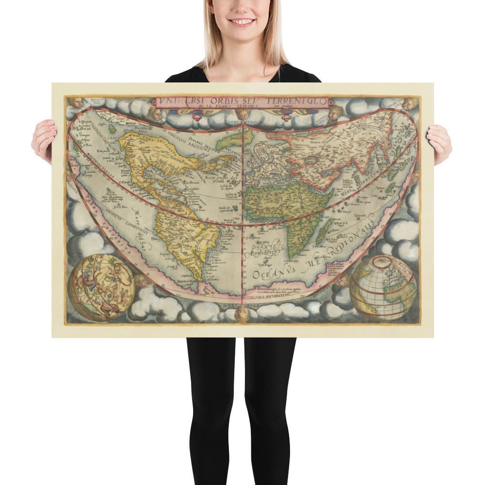 Very Old World Map, 1571 by Gerard De Jode - Cordiform Projection, Cherubs, Antarctica, Atlas, Early Colonialism
