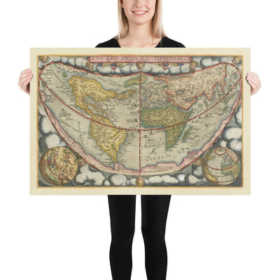 Very Old World Map, 1571 by Gerard De Jode - Cordiform Projection, Cherubs, Antarctica, Atlas, Early Colonialism