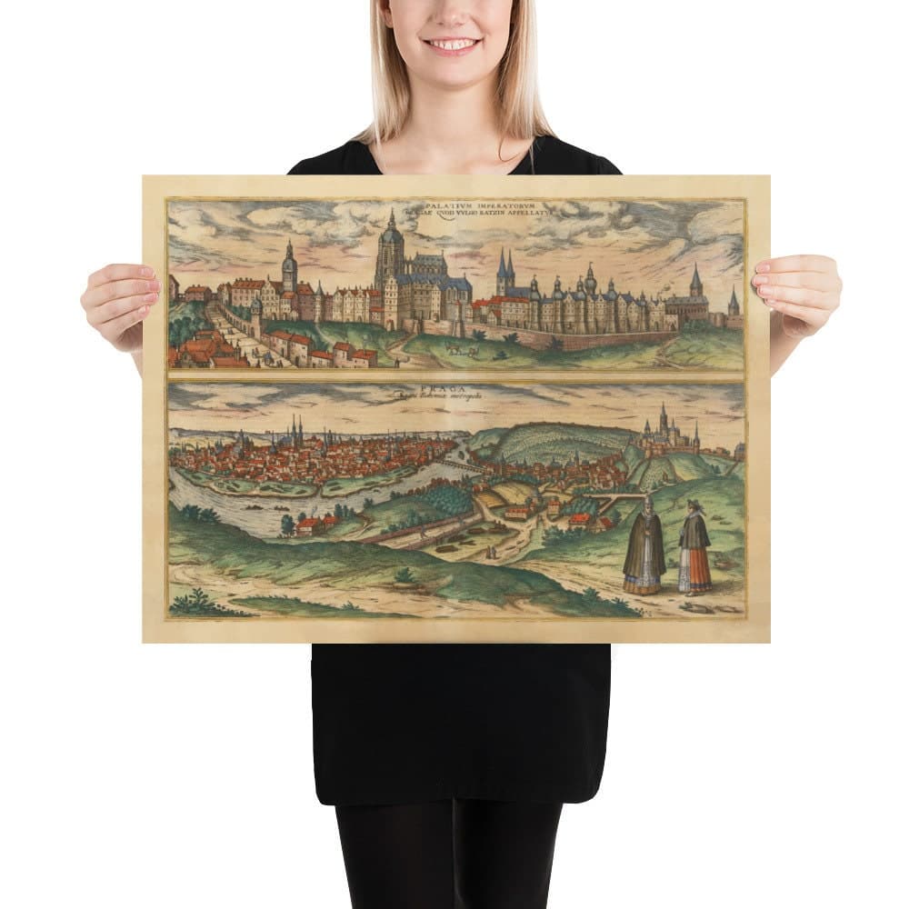 Mapa antiguo de Praga, Chequia, por Georg Braun, 1572 - Bohemia, Castillo, Moldava, Iglesia de Týn Teyn, Ciudad Vieja, Mala Strana