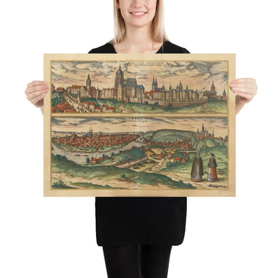 Mapa antiguo de Praga, Chequia, por Georg Braun, 1572 - Bohemia, Castillo, Moldava, Iglesia de Týn Teyn, Ciudad Vieja, Mala Strana