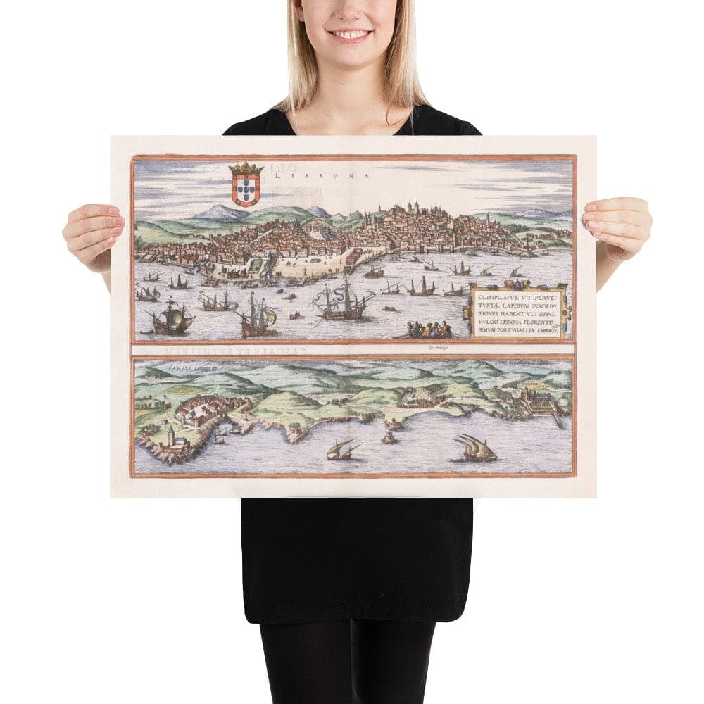 Old Map of Lisbon, Portugal by Georg Braun in 1572 - Castle, Cathedral, City Walls, Downtown, Old Streets