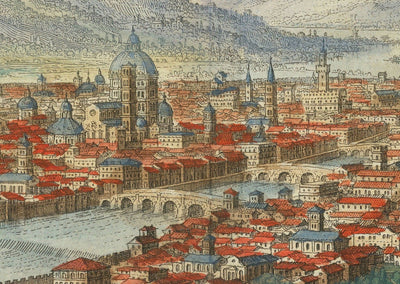 Ancienne carte à vol d'oiseau de Florence, Italie, 1640 par Matthaus Merian - Firenze, Duomo, Arno River, Ponte Vecchio, Uffizi