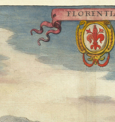 Ancienne carte à vol d'oiseau de Florence, Italie, 1640 par Matthaus Merian - Firenze, Duomo, Arno River, Ponte Vecchio, Uffizi