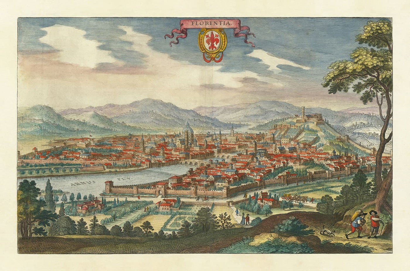 Ancienne carte à vol d'oiseau de Florence, Italie, 1640 par Matthaus Merian - Firenze, Duomo, Arno River, Ponte Vecchio, Uffizi