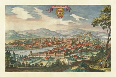 Ancienne carte à vol d'oiseau de Florence, Italie, 1640 par Matthaus Merian - Firenze, Duomo, Arno River, Ponte Vecchio, Uffizi