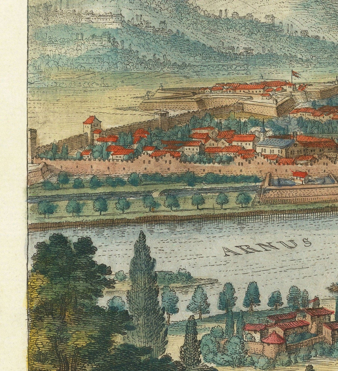 Ancienne carte à vol d'oiseau de Florence, Italie, 1640 par Matthaus Merian - Firenze, Duomo, Arno River, Ponte Vecchio, Uffizi
