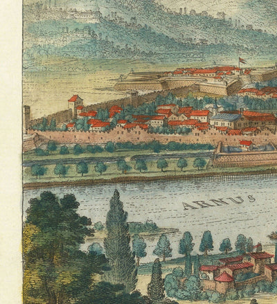 Ancienne carte à vol d'oiseau de Florence, Italie, 1640 par Matthaus Merian - Firenze, Duomo, Arno River, Ponte Vecchio, Uffizi
