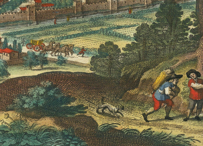 Ancienne carte à vol d'oiseau de Florence, Italie, 1640 par Matthaus Merian - Firenze, Duomo, Arno River, Ponte Vecchio, Uffizi
