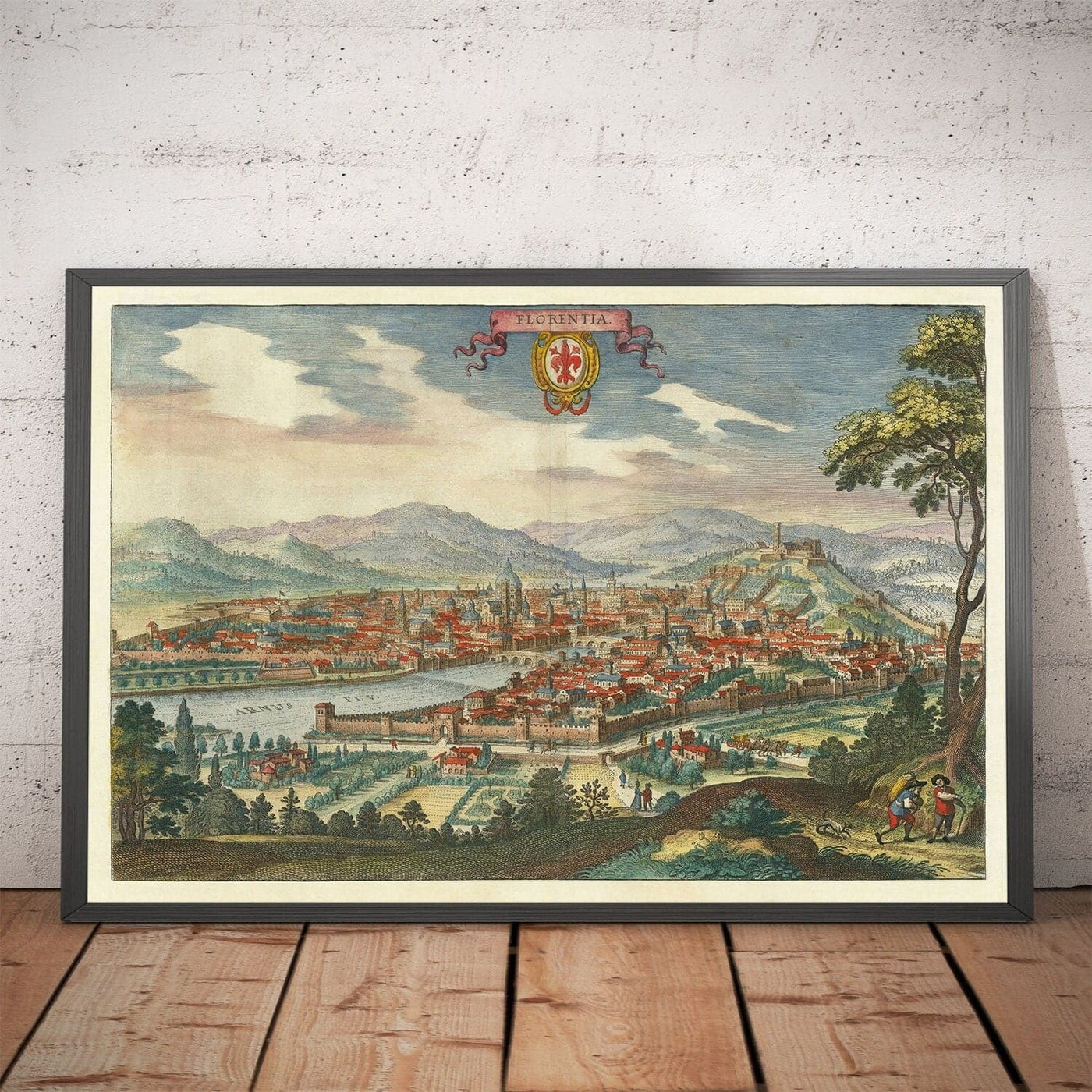 Ancienne carte à vol d'oiseau de Florence, Italie, 1640 par Matthaus Merian - Firenze, Duomo, Arno River, Ponte Vecchio, Uffizi