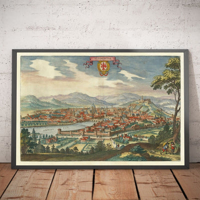 Ancienne carte à vol d'oiseau de Florence, Italie, 1640 par Matthaus Merian - Firenze, Duomo, Arno River, Ponte Vecchio, Uffizi