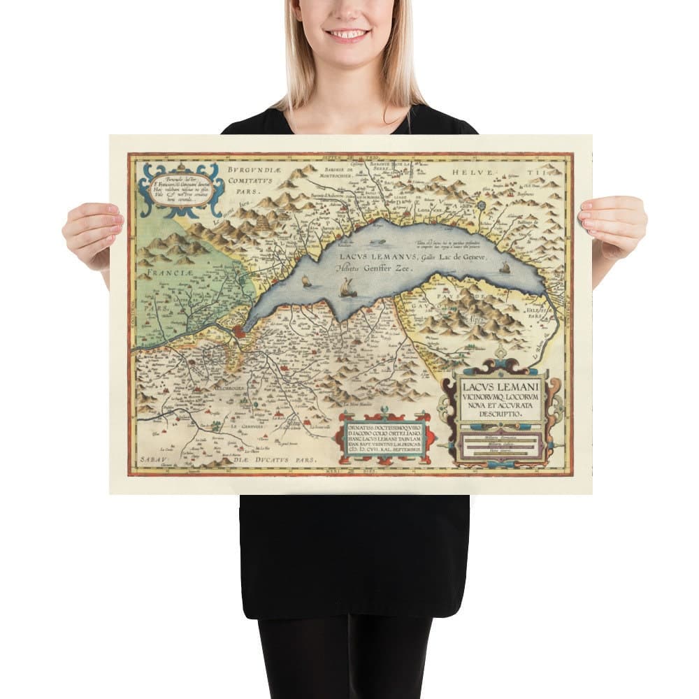 Old Map of Lake Geneva by Abraham Ortelius, 1573 - Lausanne, Montreux, Thonon-les-Bains, Evian, Nyon, Morges