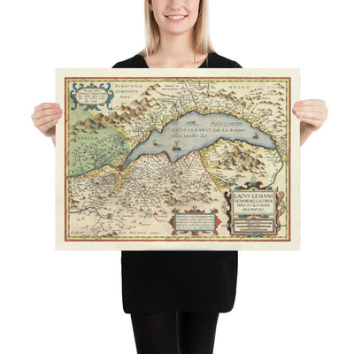 Old Map of Lake Geneva by Abraham Ortelius, 1573 - Lausanne, Montreux, Thonon-les-Bains, Evian, Nyon, Morges