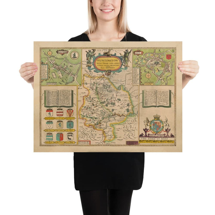 Ancienne carte du Huntingdonshire 1611 par John Speed - Huntingdon, Cambridgeshire, St. Ives, St. Neots, Godmanchester Yaxley 