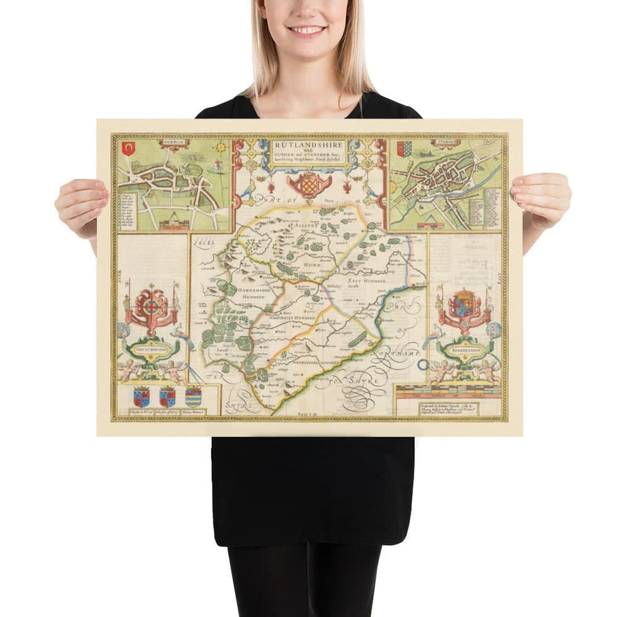 Ancienne carte du Rutland, 1611 par John Speed - Rutlandshire, Oakham, Edith Weston, Uppingham, Ketton, Stretton