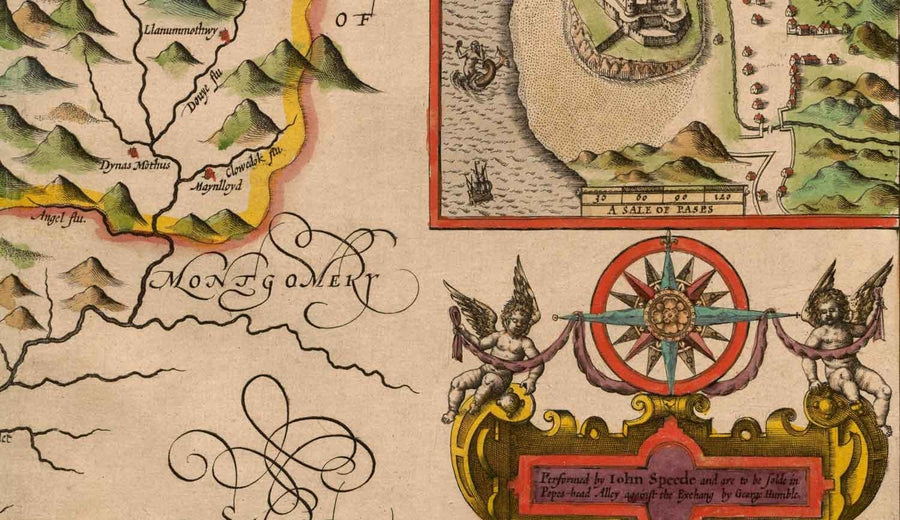 Ancienne carte du Merionethshire, Pays de Galles en 1611 par John Speed - Dolgellau, Aberdyfi, Bala, Barmouth, Harlech, Snowdonia