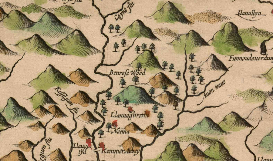 Ancienne carte du Merionethshire, Pays de Galles en 1611 par John Speed - Dolgellau, Aberdyfi, Bala, Barmouth, Harlech, Snowdonia
