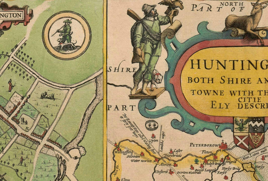 Ancienne carte du Huntingdonshire 1611 par John Speed - Huntingdon, Cambridgeshire, St. Ives, St. Neots, Godmanchester Yaxley 