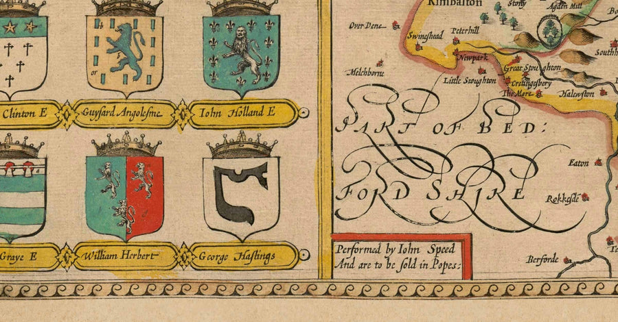 Ancienne carte du Huntingdonshire 1611 par John Speed - Huntingdon, Cambridgeshire, St. Ives, St. Neots, Godmanchester Yaxley 