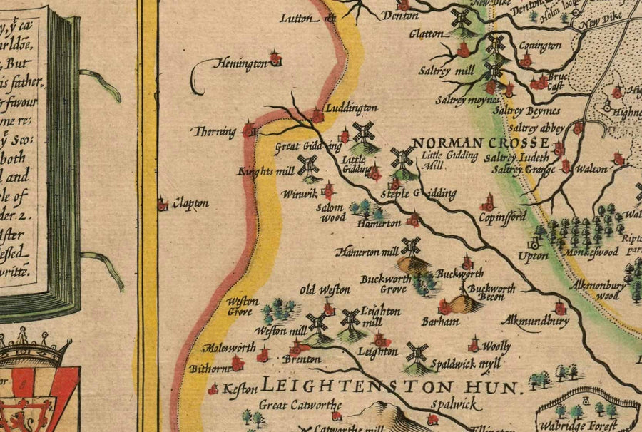 Ancienne carte du Huntingdonshire 1611 par John Speed - Huntingdon, Cambridgeshire, St. Ives, St. Neots, Godmanchester Yaxley 