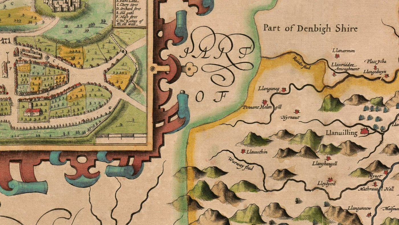 Ancienne carte du Montgomeryshire, Pays de Galles, 1611 par John Speed - Powys, Maldwyn, Montgomery, Newtown, Welshpool, Llanidloes