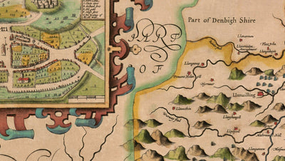 Ancienne carte du Montgomeryshire, Pays de Galles, 1611 par John Speed - Powys, Maldwyn, Montgomery, Newtown, Welshpool, Llanidloes