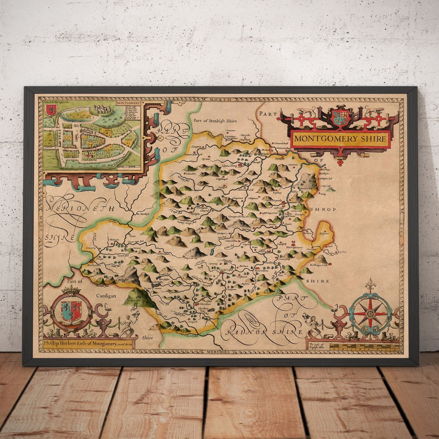 Ancienne carte du Montgomeryshire, Pays de Galles, 1611 par John Speed - Powys, Maldwyn, Montgomery, Newtown, Welshpool, Llanidloes