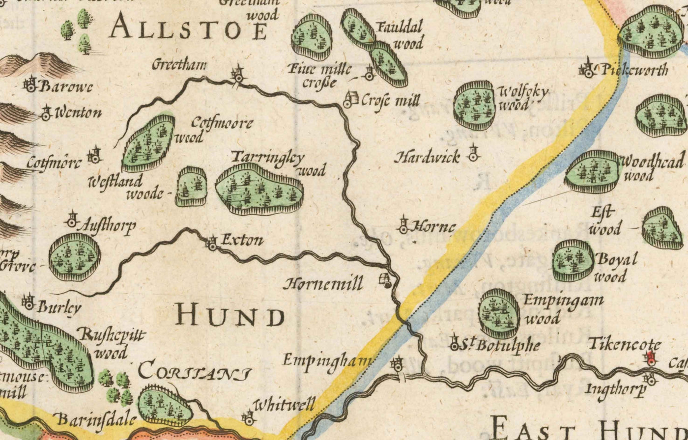 Alte Karte von Rutland, 1611 von John Speed - Rutlandshire, Oakham, Edith Weston, Uppingham, Ketton, Stretton 