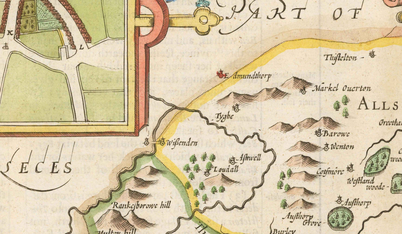 Alte Karte von Rutland, 1611 von John Speed - Rutlandshire, Oakham, Edith Weston, Uppingham, Ketton, Stretton 