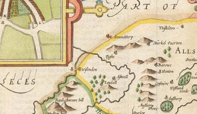 Alte Karte von Rutland, 1611 von John Speed - Rutlandshire, Oakham, Edith Weston, Uppingham, Ketton, Stretton 