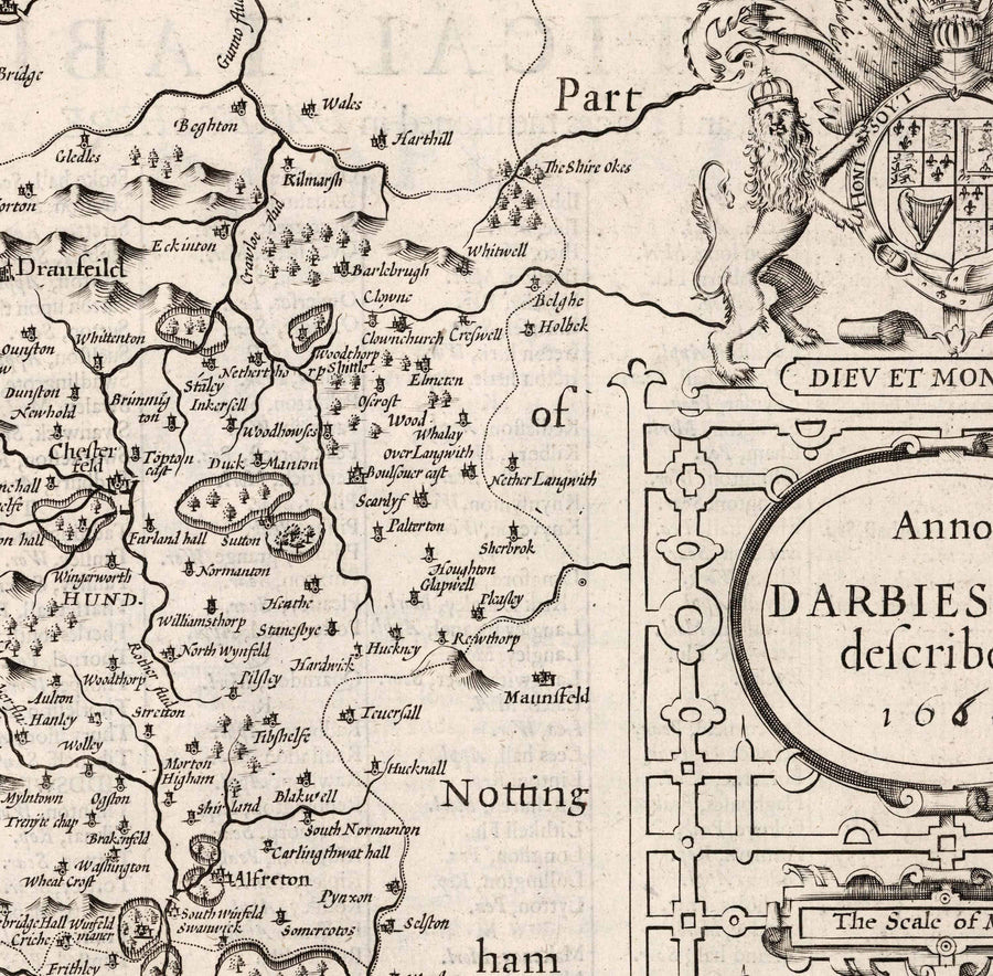 Old monochrome Carte of Derbyshire, 1611 par John Speed ​​- Derby, Chesterfield, Buxton, Peak District